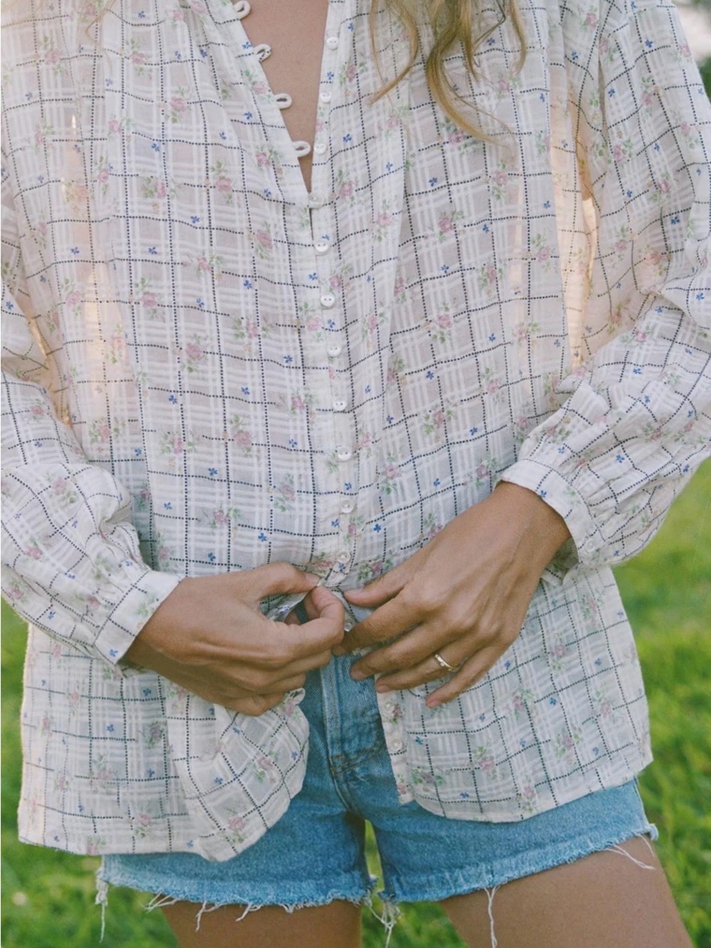 Christy Dawn White Floral Plaid Button-Down Shirt